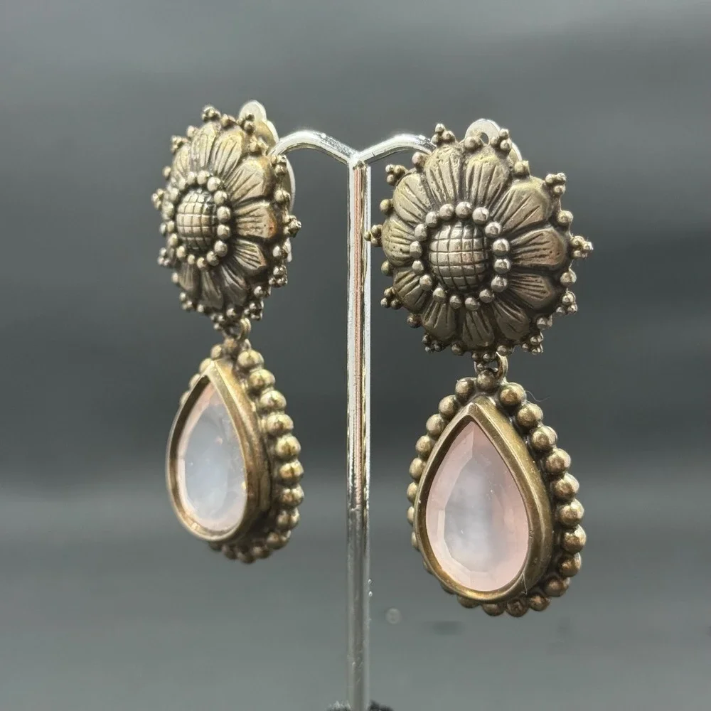 Stephen Dweck Sterling Silver Clip Earrings w/ Rose Quartz‎ 2.25